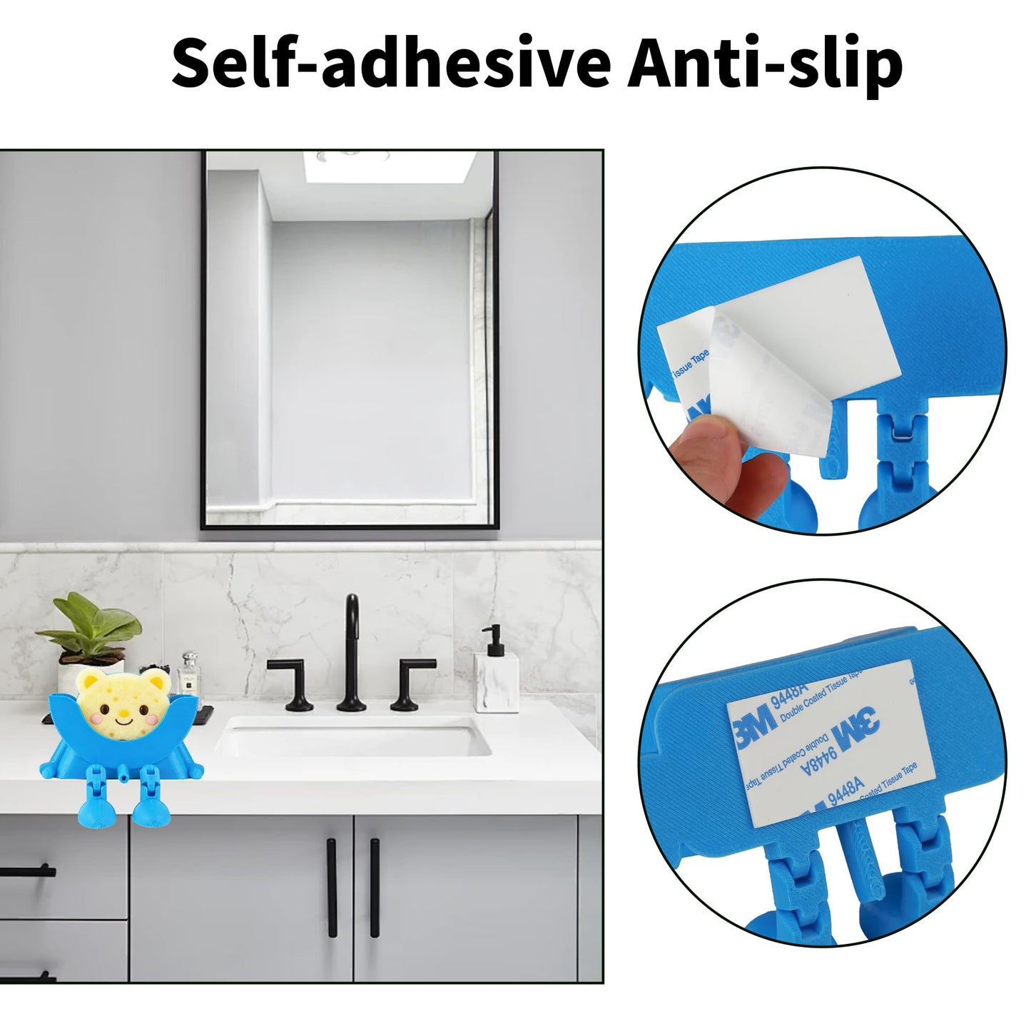 Cute Hanging Sponge Holder, Drainable Kitchen Sink Organizer, Scrub Sponge Stand Storage Rack with Smiley Design, Sink Accessories (Blue)