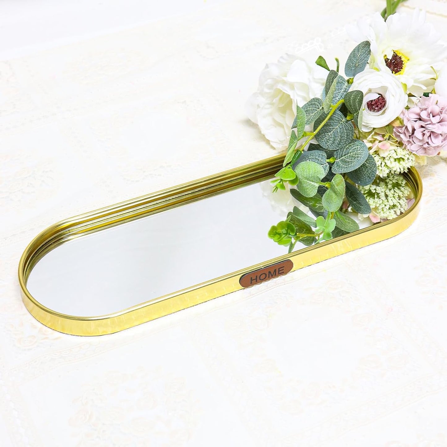 SEMSOIIO Gold Mirrored Vanity Tray, Small Oval Stainless Steel Perfume Organizer, Decorative Glass Mirror Tray for Jewelry, Makeup, Skincare, Bathroom Countertop & Nightstand Decor (11.8" x 3.9")