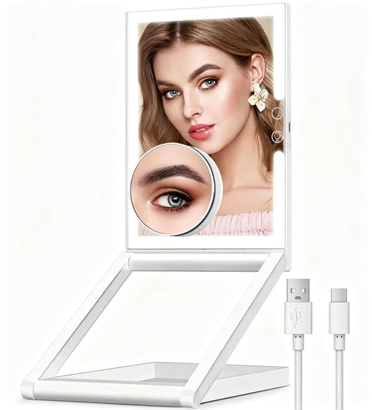 TOLOYE Makeup Mirror with Lights and Magnification 10X, Foldable Rechargeable Travel Led Makeup Mirror with Adjustable Stand, 3 Color Lights Stepless Dimming, Gifts for Women Wife Mom
