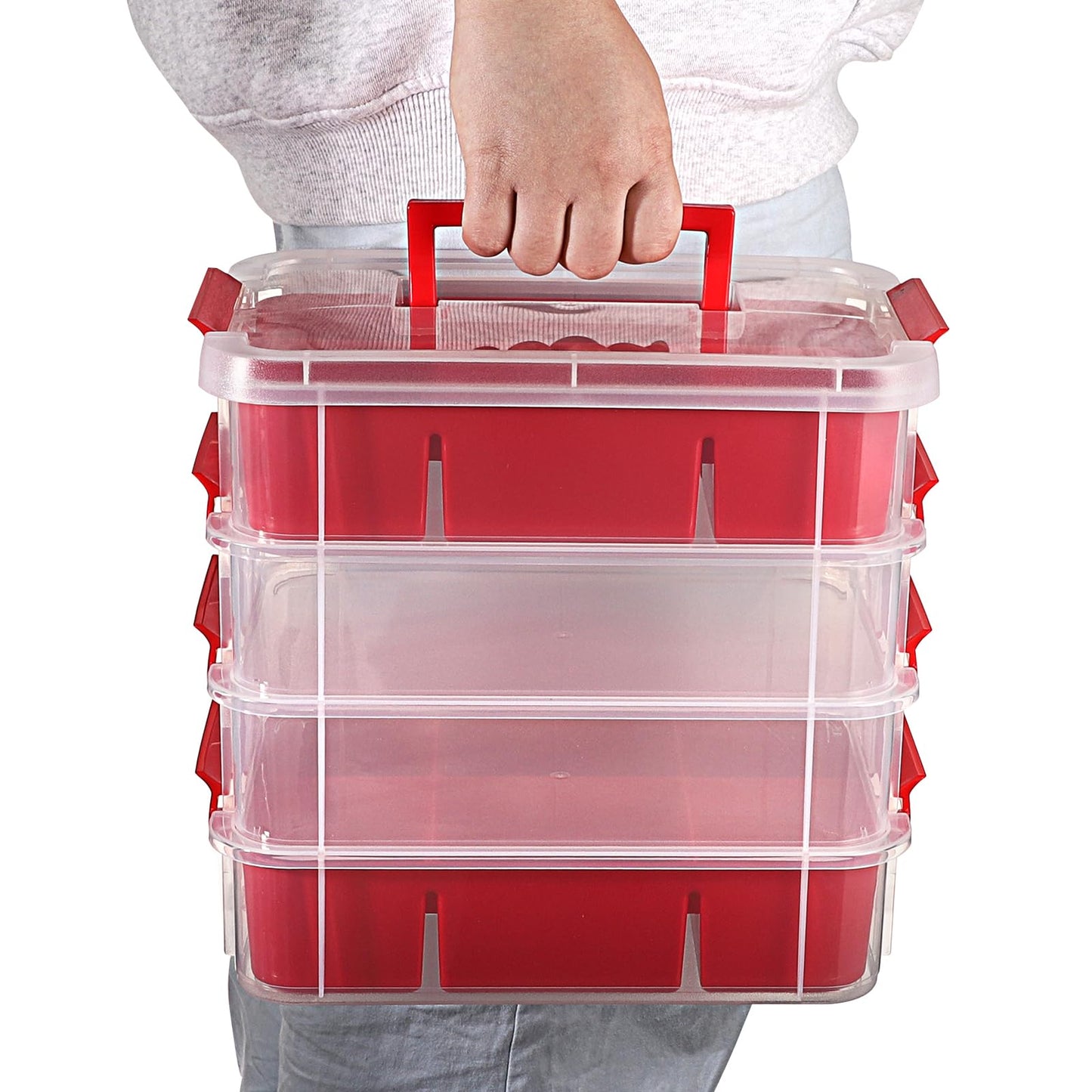 JUXYES 4-Tiers Stack Carry Storage Box With 2 Divided Tray, Transparent Stackable Storage Bin With Handle Lid Latching Storage Container for School & Office Supplies, Red