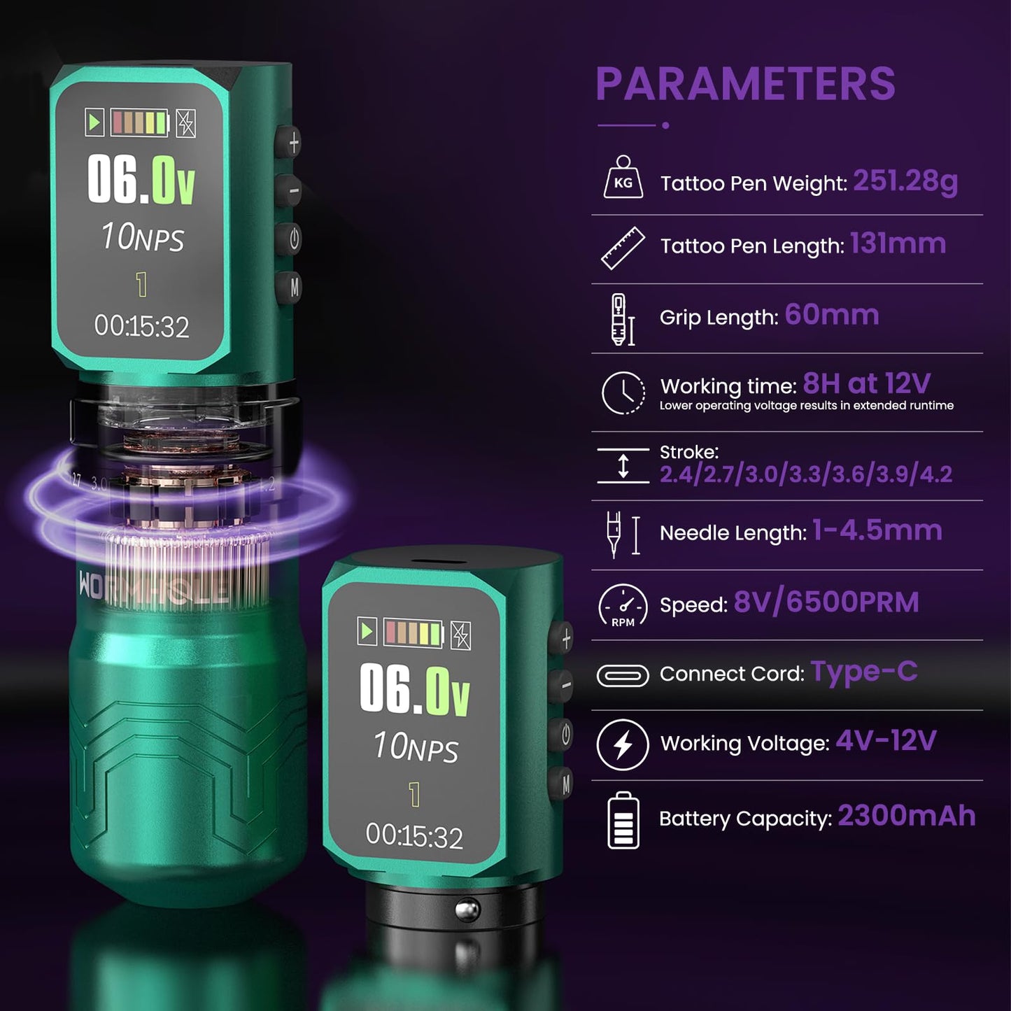 Wormhole 2PCS 2,300mAh Batteries Tattoo Gun Kit 8PCS 30ML Tattoo Inks Wireless Tattoo with 7 Adjustable Strokes Smart Display with 4 Memory Storage 3 Working Modes for Artist WTK0293