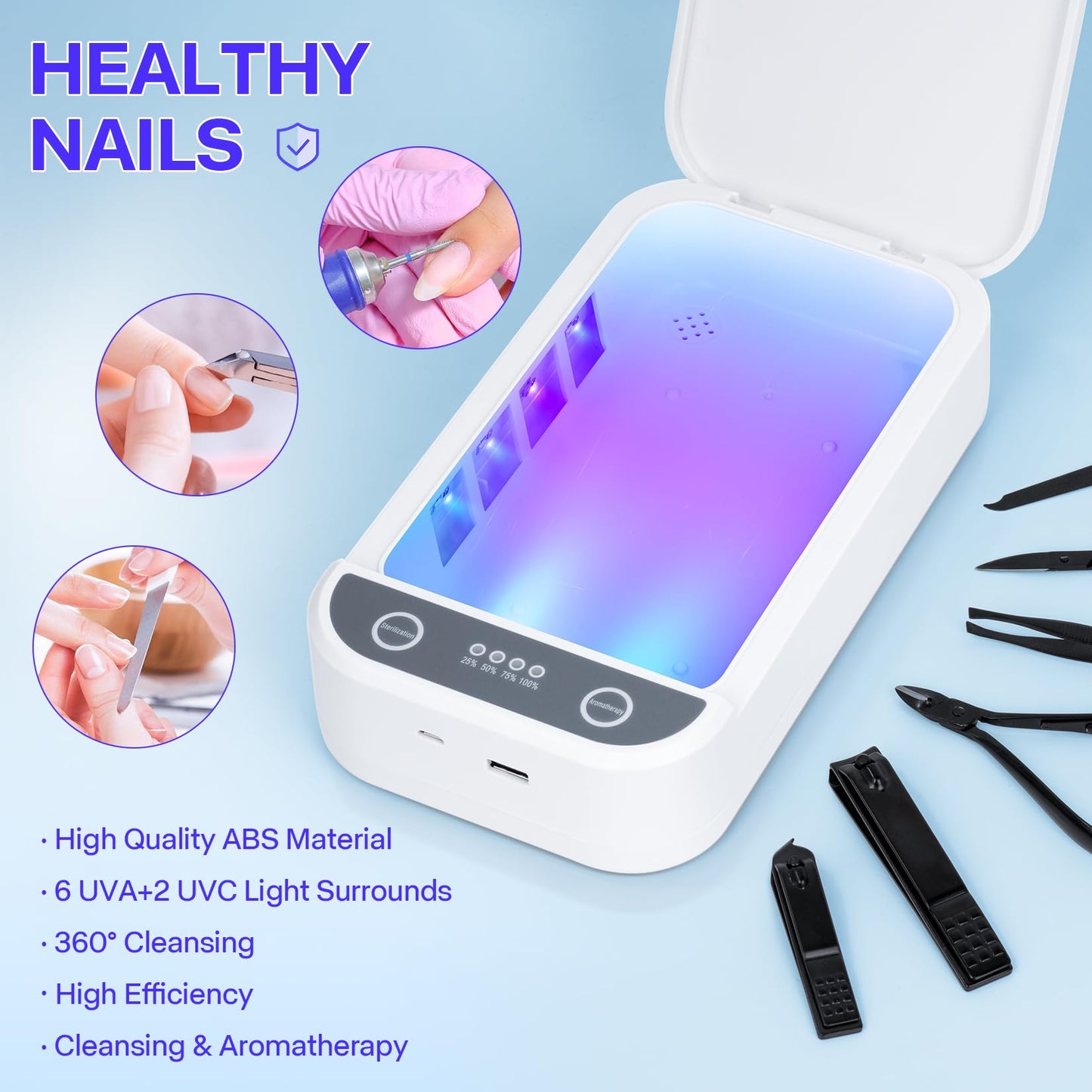 Shmian Cleaning Box for Nail Tools & Phone Accessories-USB-Powered Portable Cleaning Box for Scissors, Jewelry, Tweezers - Manicure Salon & Home Use