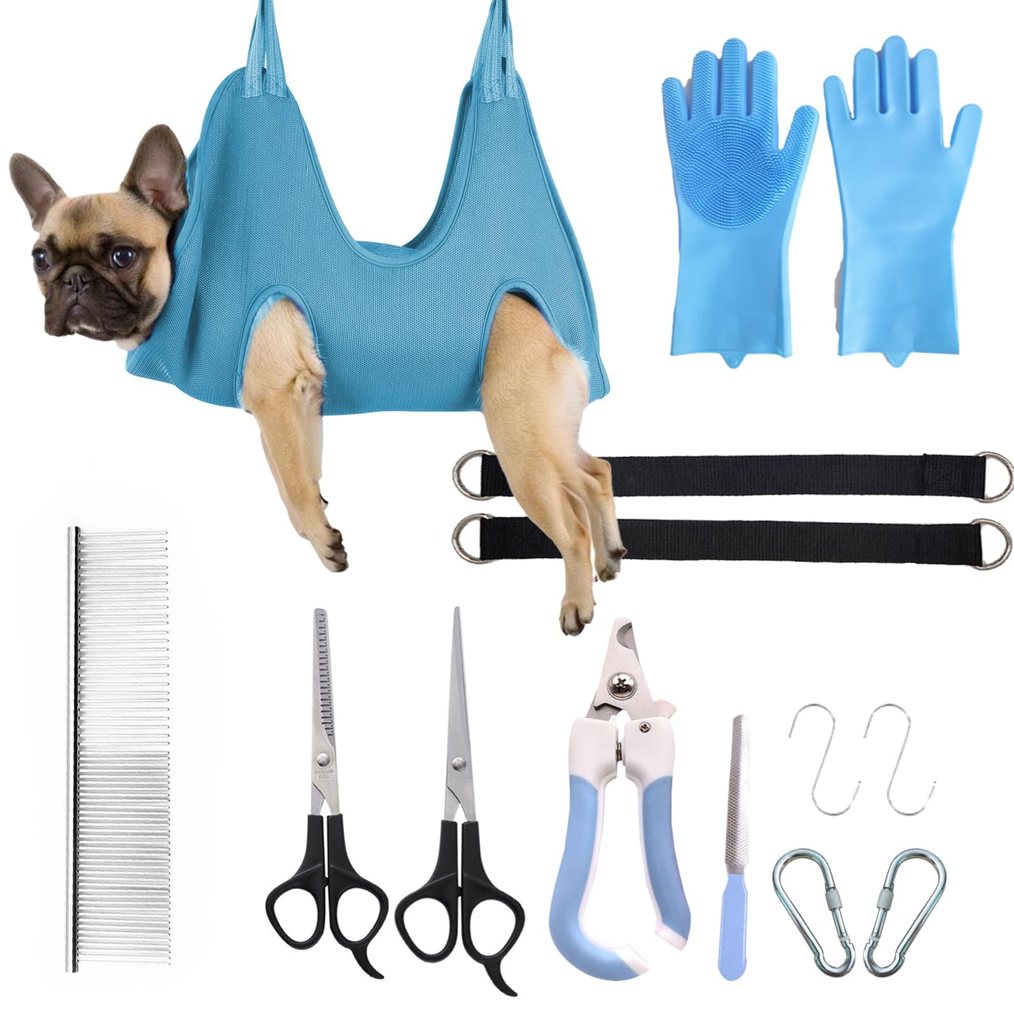 PWMENLK 10-in-1 Pet Grooming Hammock Kit with Nail Clippers, Grooming Scissors, Comb, Gloves & Adjustable Harness for Cats & Dogs, for Nail Trimming, Bathing & Pet Grooming Helper