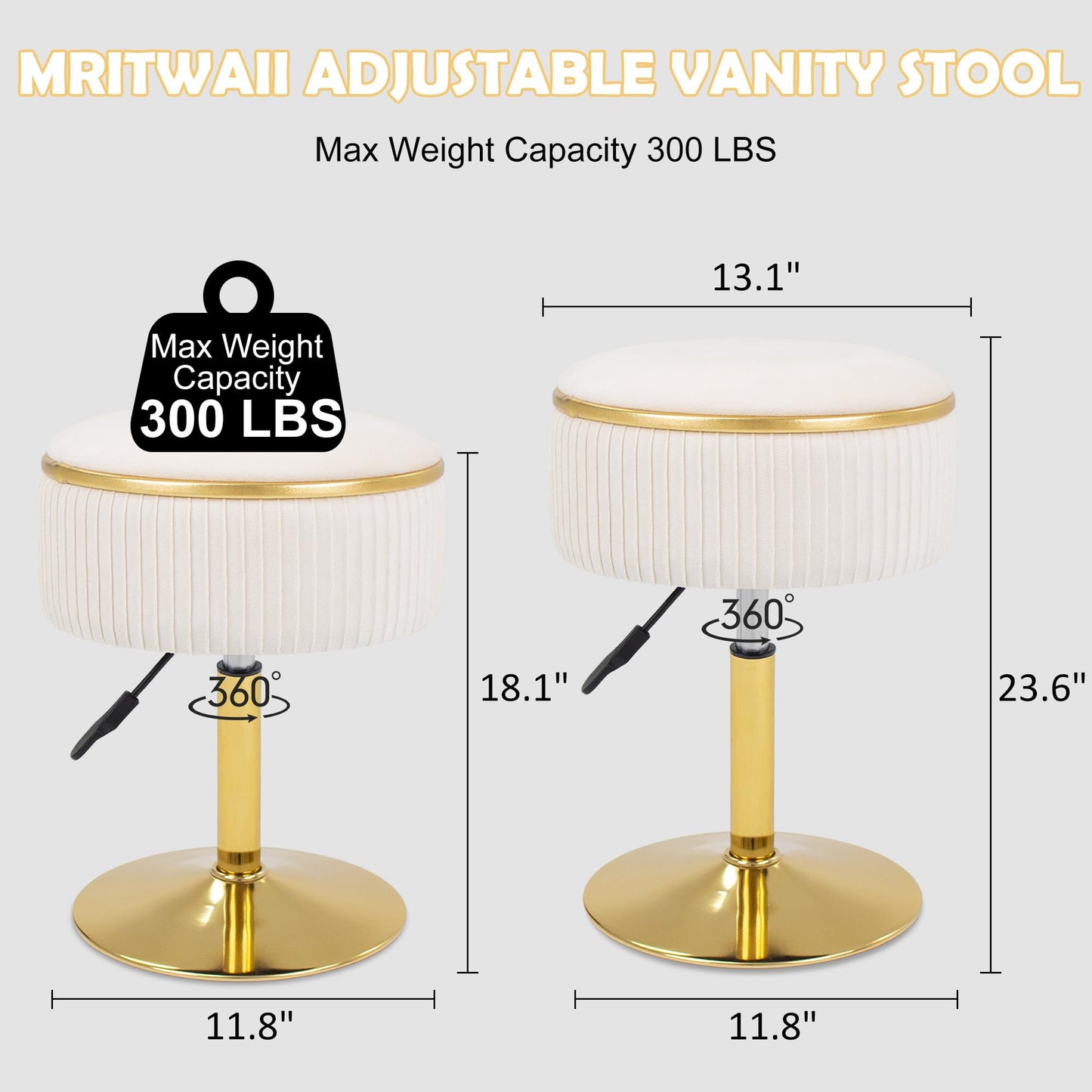 MRITWAII Adjustable Vanity Stool with Storage, 360° Swivel Makeup Stool Chair Small Velvet Round Ottoman with Gold Base for Bedroom (Beige)