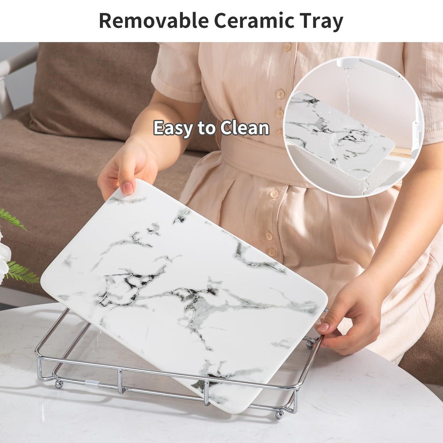 Dobbyby Vanity Tray Makeup Organizer Cosmetics Storage Bathroom Skincare Organizer Countertop Display Rack in Dresser Stainless Steel Shelf Marble Print Ceramic Trays