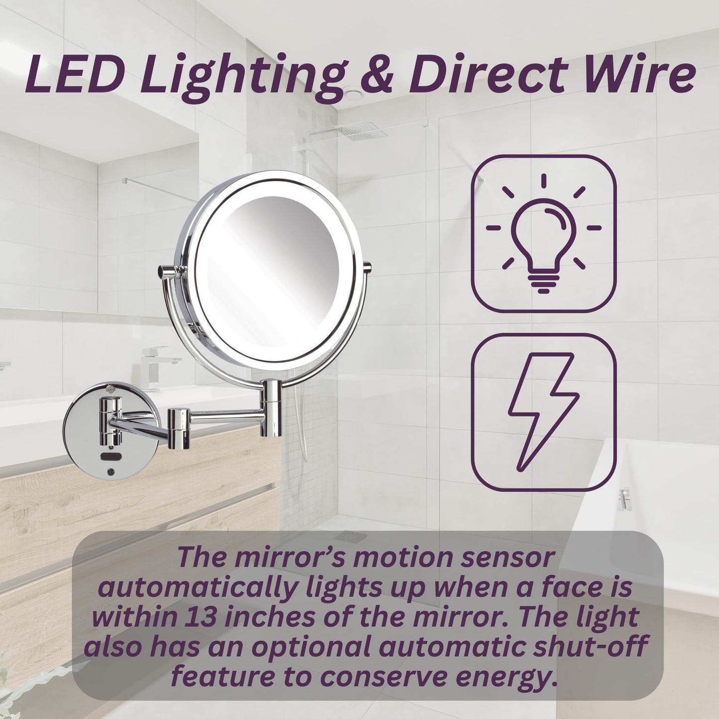 JERDON Sharper Image Wall-Mounted Lighted Motion Sensor Makeup Mirror - 8X-1X Magnification - 8.5-Inch Diameter Mirror Extends 14” - Chrome Finish - Comes with 8’ Charging Cord - Model JRT9500CL