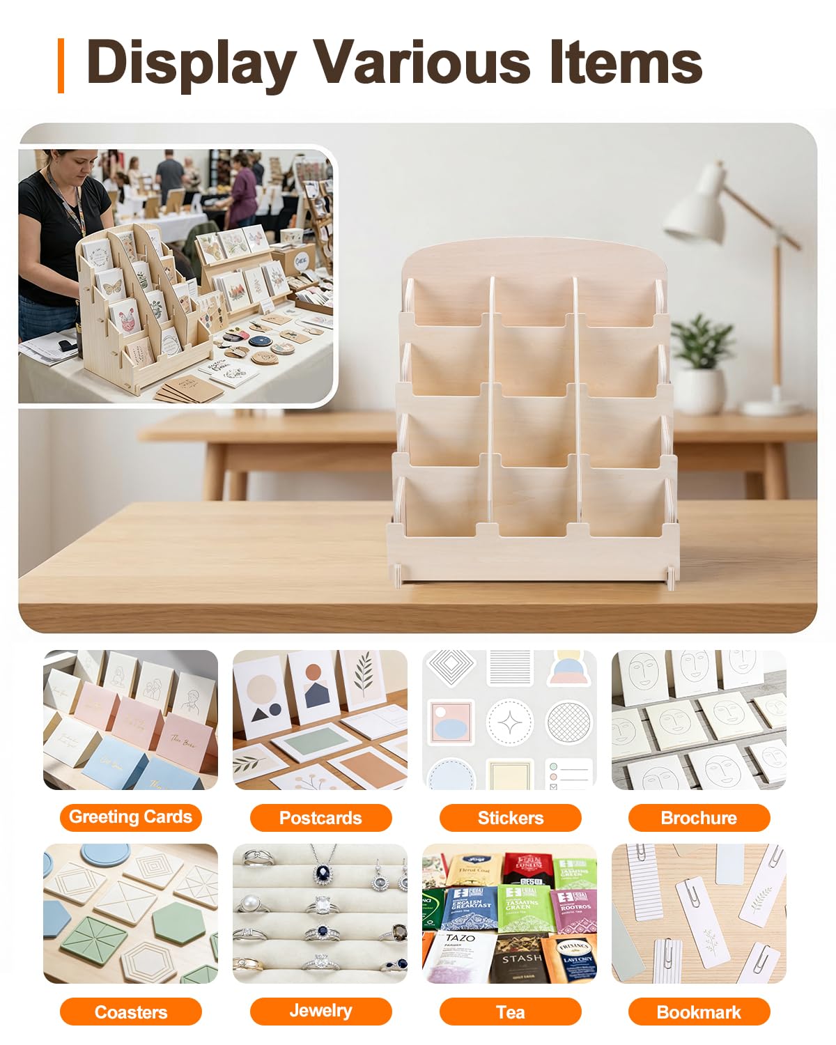 UCEC Wooden Sticker Display Stand - 4 Tier 12 Pockets Adjustable Card Display Stand for Vendors - Portable Rustic Greeting Card Organizer for Craft Shows, Stickers, Postcards & Small Business Retail