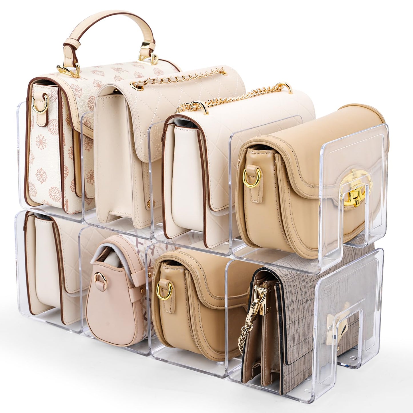 AMZABBY 2 Pack Acrylic Purse Organizer for Closet, 8-Slot Bag & Purse Organizer, No Assembly, Clear Handbag Storage Shelf .for Shelf Divider Handbags, Clothes, Sweater