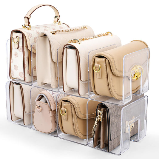 AMZABBY 2 Pack Acrylic Purse Organizer for Closet, 8-Slot Bag & Purse Organizer, No Assembly, Clear Handbag Storage Shelf .for Shelf Divider Handbags, Clothes, Sweater