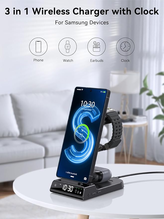 Wireless Charger for Samsung Charging Station with Clock for Samsung Galaxy S25 Ultra/S24 Ultra/Z Flip 7/Z Fold6/Bud, 3 in 1 Android Charging Station, Watch Charger for Samsung Galaxy Watch 8/7/6/5Pro
