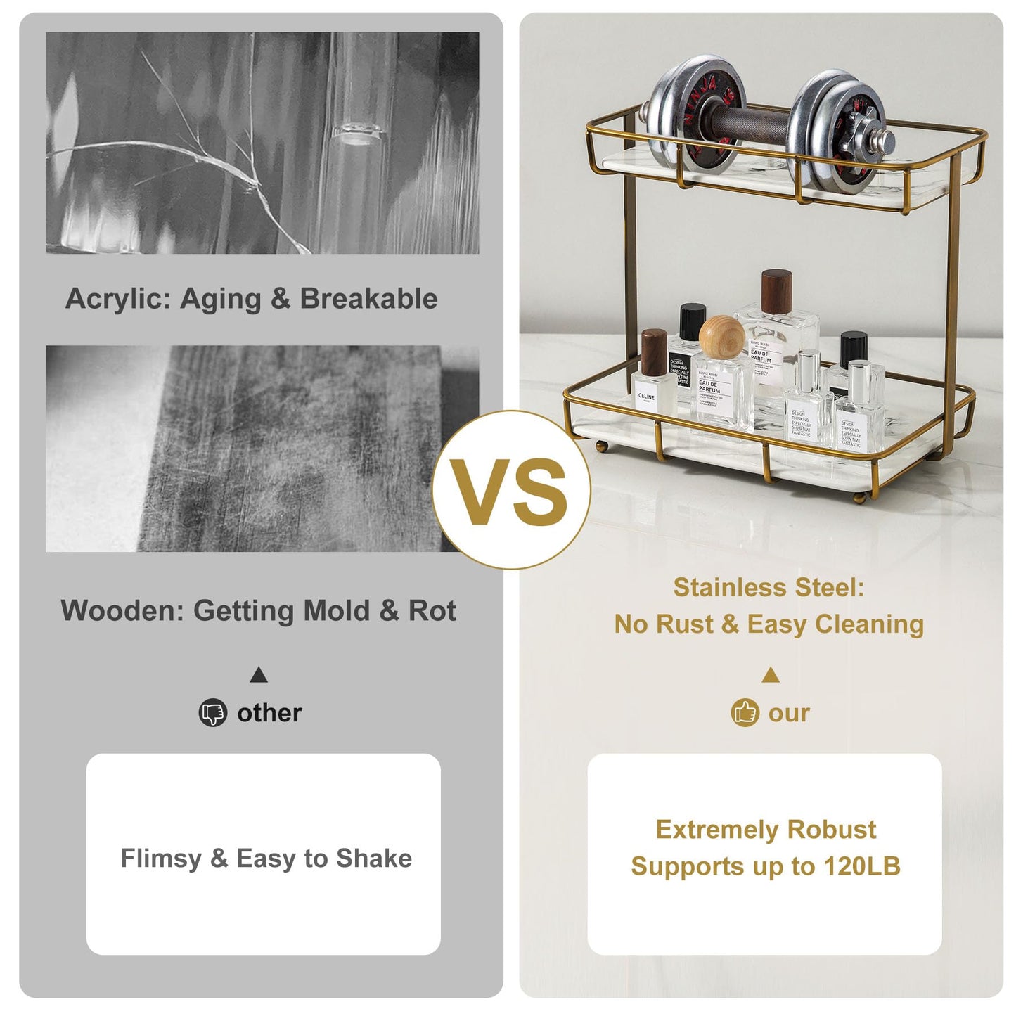 Bathroom Organizer Countertop Perfume Organizer Makeup Organizer Cosmetics Storage Display Rack Vanity Tray Dresser Stainless Steel Gold Shelf White Marble Ceramic Tray