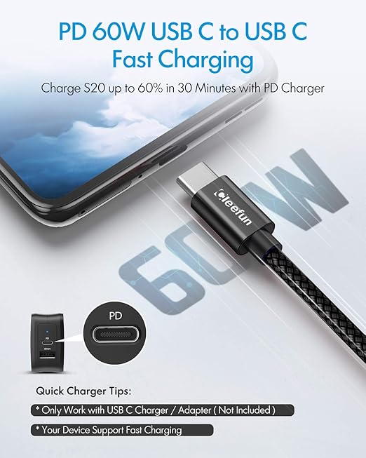 CLEEFUN Short USB C to USB C Cable 60W, USBC to USBC, [5-Pack, 1 ft] Type C to C Charger Cord Fast Charging for iPhone 16 15 Pro Max/Plus, for Samsung Galaxy S24 S23, for iPad/MacBook Pro/Air