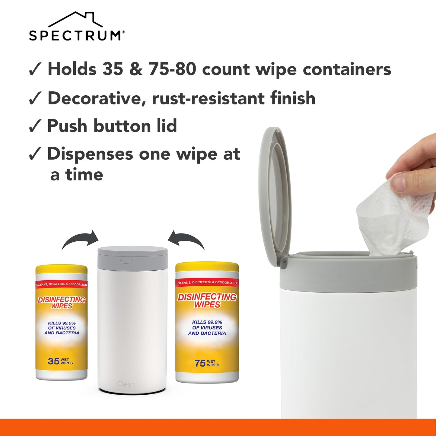 Spectrum Disinfecting Wipes Container Large White Refillable Stainless Steel Wipe Holder for Bathroom Kitchen, Classroom, Reusable Push Button Wet Wipe Dispenser for Disinfect Cleaning Countertop