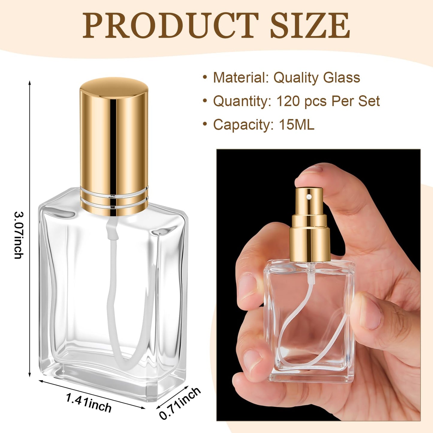 Domensi 90 Pcs 10/15/30/50 ml Glass Square Perfume Bottles Mini Glass Empty Spray Atomizer Bottles Bulk Refillable Perfume Dispenser Container with Pump Tool for Travel (15 ml,Gold)
