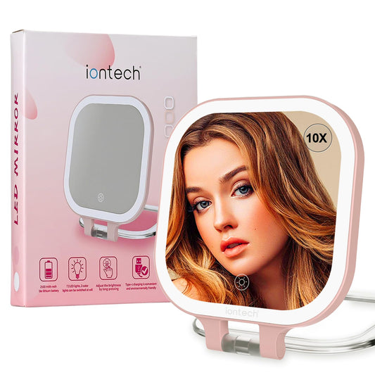 ION 7in Travel Magnifying Mirror with Light,1x/10x Makeup Mirror with Magnification,2500mAh Battery Double Sided Vanity Mirror,3 Color Light,Brightness Adjustment Memory,Folding Stand (Pink)