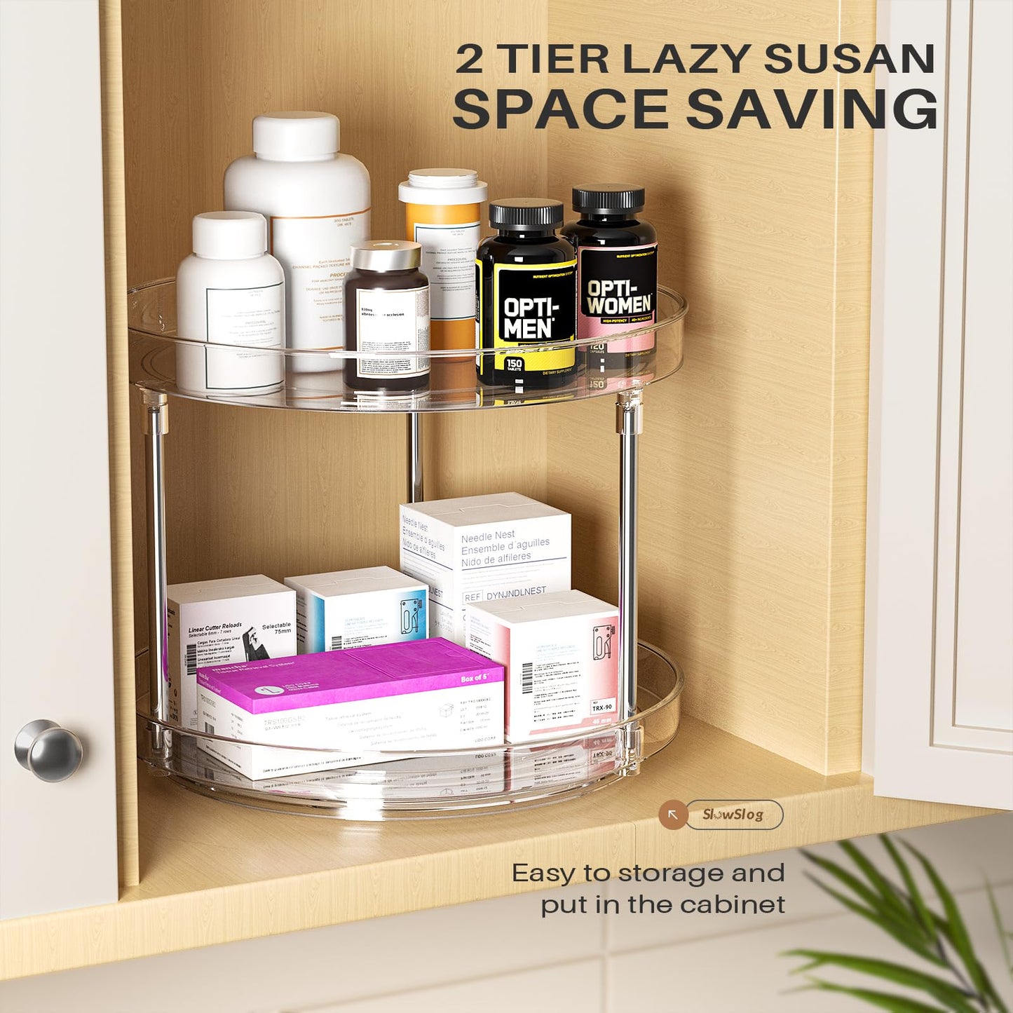 Slow Slog 2 Pack 2 Tier Lazy Susan Turntable Organizer, Clear Rotating Lazy Susan, Spice Rack for Cabinet, Makeup and Perfume Organizer for Vanity, Counter Organizer Tray for Kitchen, Bathroom