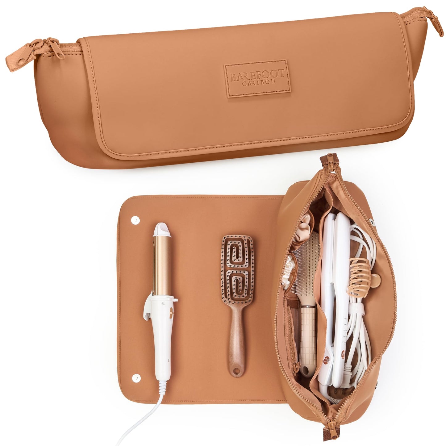 BAREFOOT CARIBOU Hair Tools Travel Bag and Heat Resistant Mat (15.5") for Flat Irons, Straighteners, Curling Iron, Haircare Accessories, 2-in-1 design, Interior Pockets, Portable Organizer (Brown)