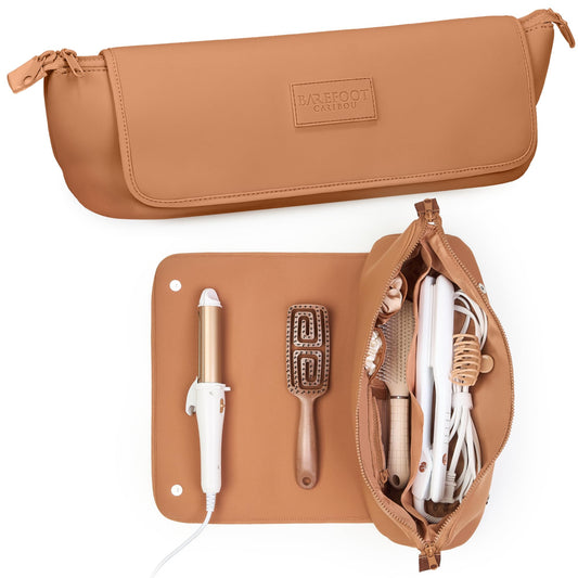 BAREFOOT CARIBOU Hair Tools Travel Bag and Heat Resistant Mat (15.5") for Flat Irons, Straighteners, Curling Iron, Haircare Accessories, 2-in-1 design, Interior Pockets, Portable Organizer (Brown)