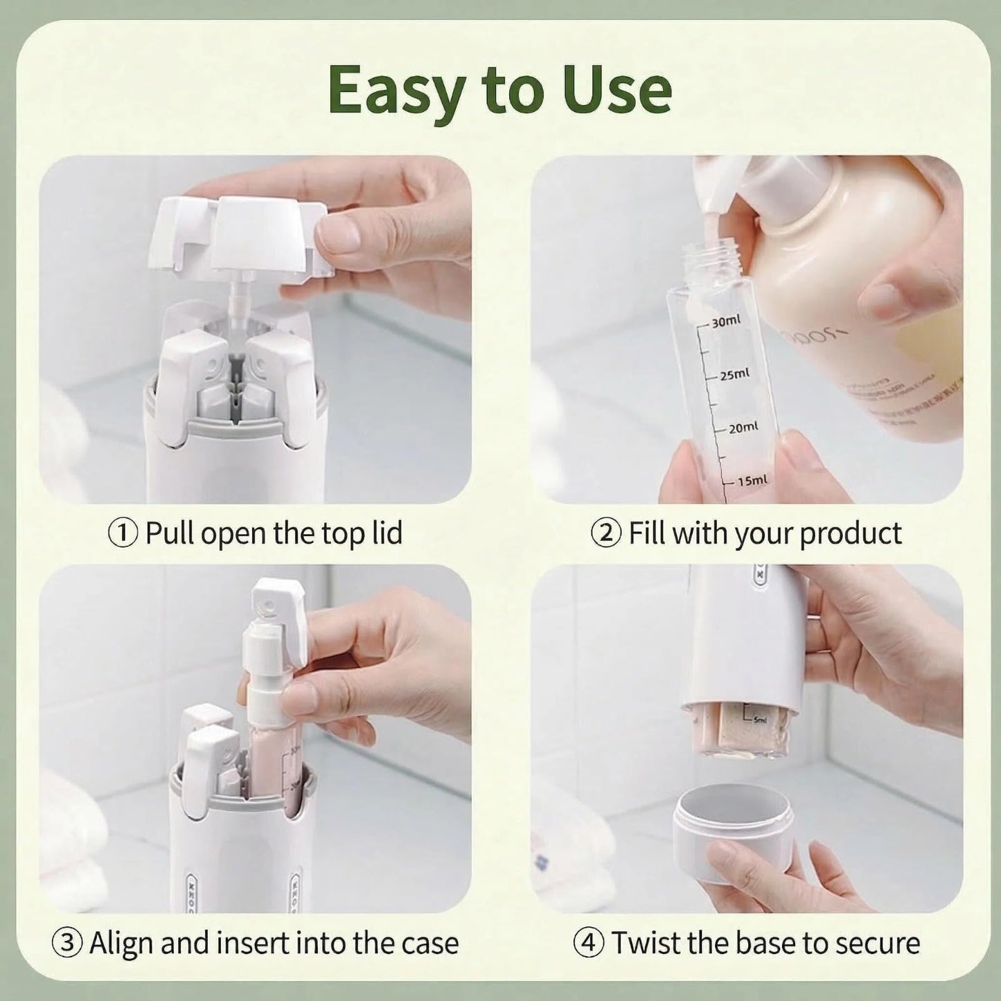 4 in 1 Travel Dispenser Bottle - Leak Proof Refillable Pump Set for Shampoo Conditioner Lotion, 4 Pack 30ml Portable Containers for Air Travel Business Trip Essentials (Green)