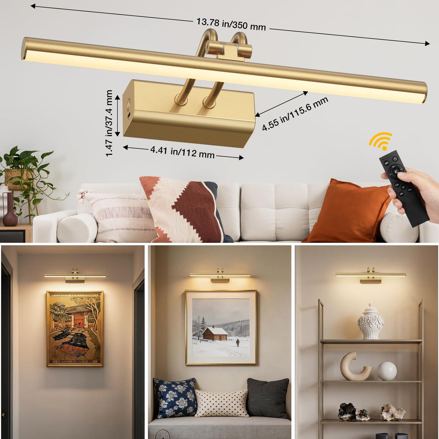 Percantis 13.8'' Battery Operated Picture Light for Wall, Remote Control