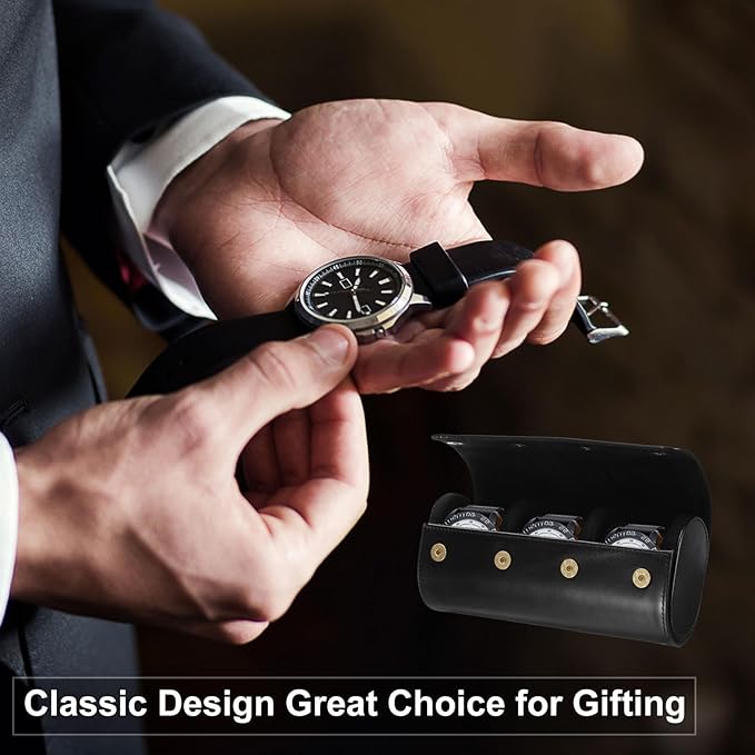 HARFINGTON Watch Roll Travel Case 3 Slot Portable Leather Watch Case for Men and Women, Watches Storage Organizer with Removable Pillows for Traveling, Display, Home Storage, Coffee
