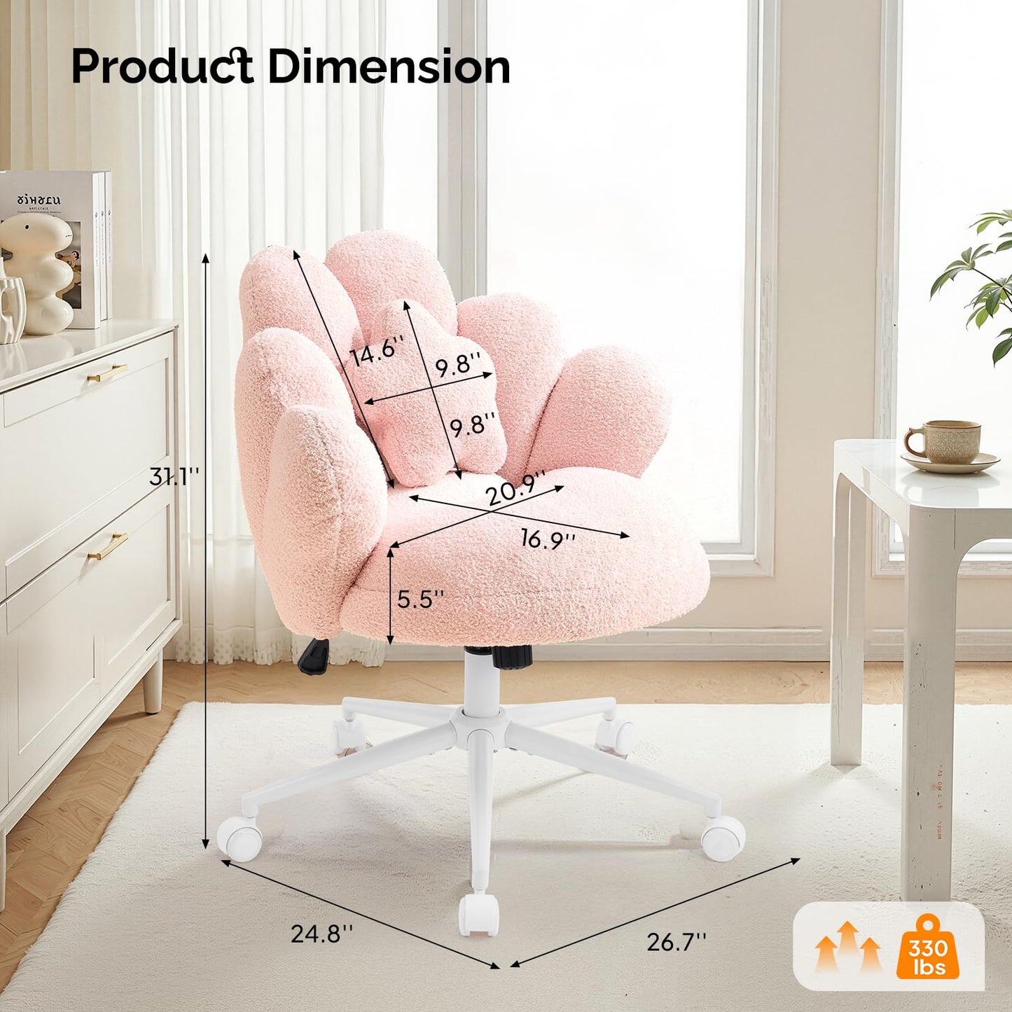 VINGLI Lovely Petal Vanity Desk Chair with Star Pillow, Height Adjustable Armless Swivel Chair in Vibrant Color-Blocking, Modern Computer Task Chair for Bedroom & Home Office, Teddy Fleece,Pink