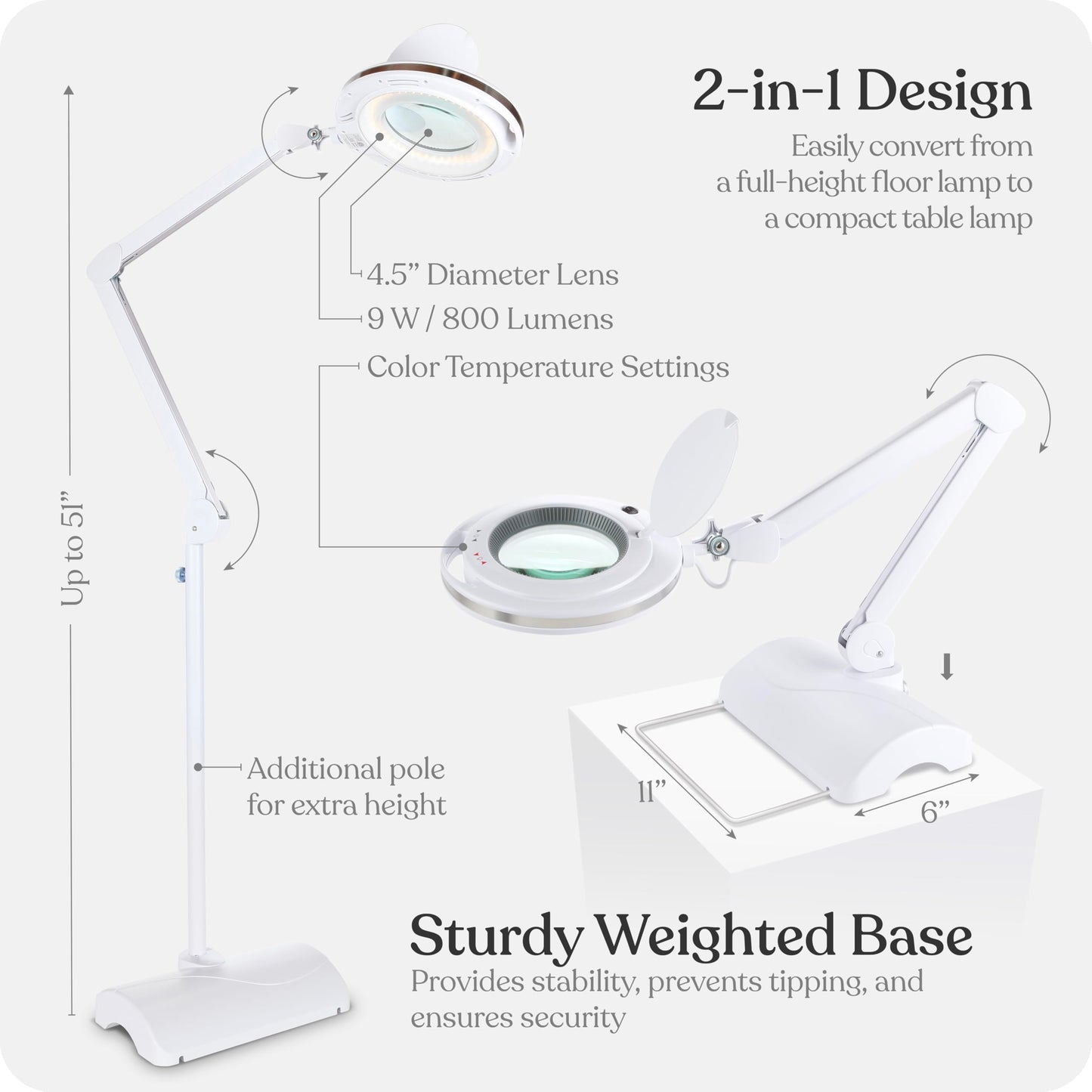 Brightech LightView Pro 2 in 1 Magnifying Floor Lamp & Table Lamp - Hands Free Magnifier with Bright LED Light for Reading - Work light With Adjustable Arms - Standing Mag Lamp