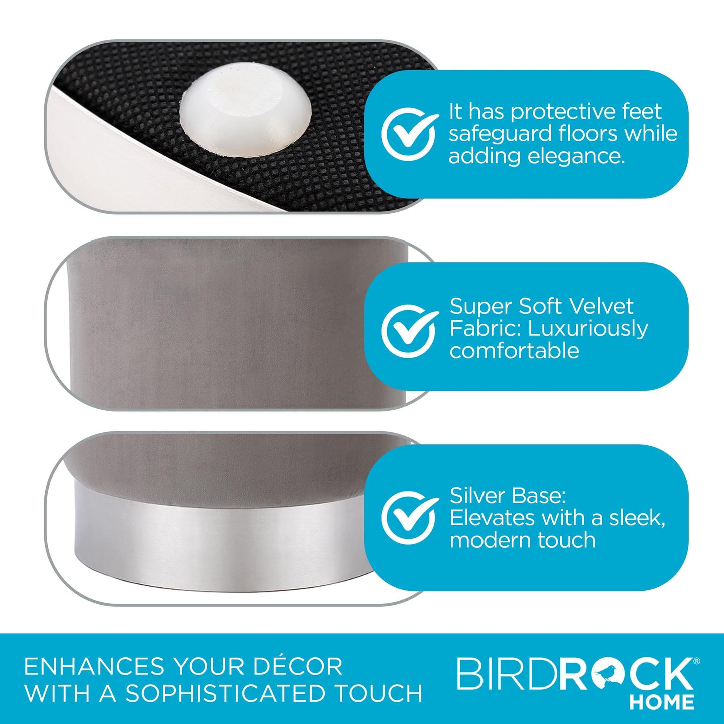 BIRDROCK HOME Round Ottoman Foot Stool – Modern Soft Padded Velvet Vanity Chair with Silver Metal Trim – Accent Chair or Foot Rest for Living Room, Bedroom, or Dressing Room (Gray)