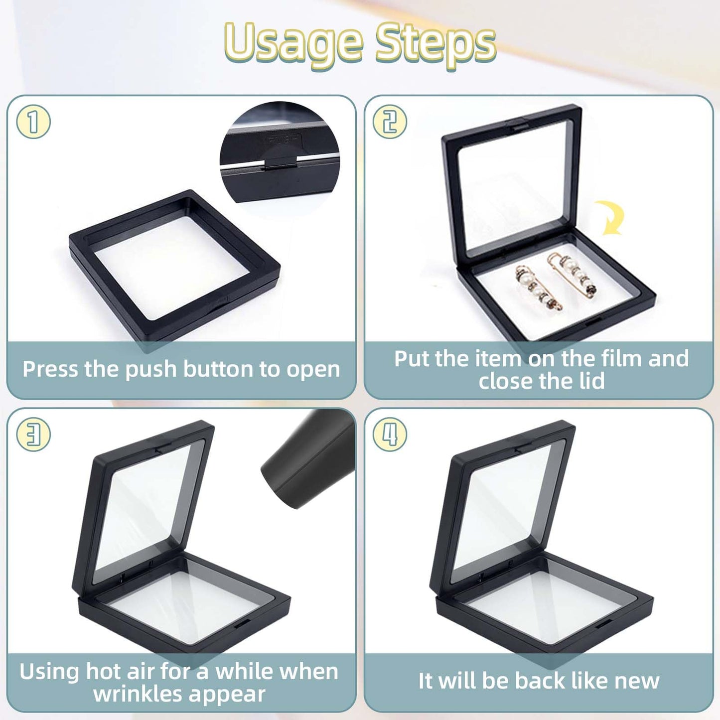 YUX-DTDSU 15 Pack 3D Floating Frame with Bases, Transparent PE Display Case, Black Challenge Coin Display Stand Holder, Large Suspension Jewelry Storage Boxes for Medals, Specimen, Medallions, Stamps