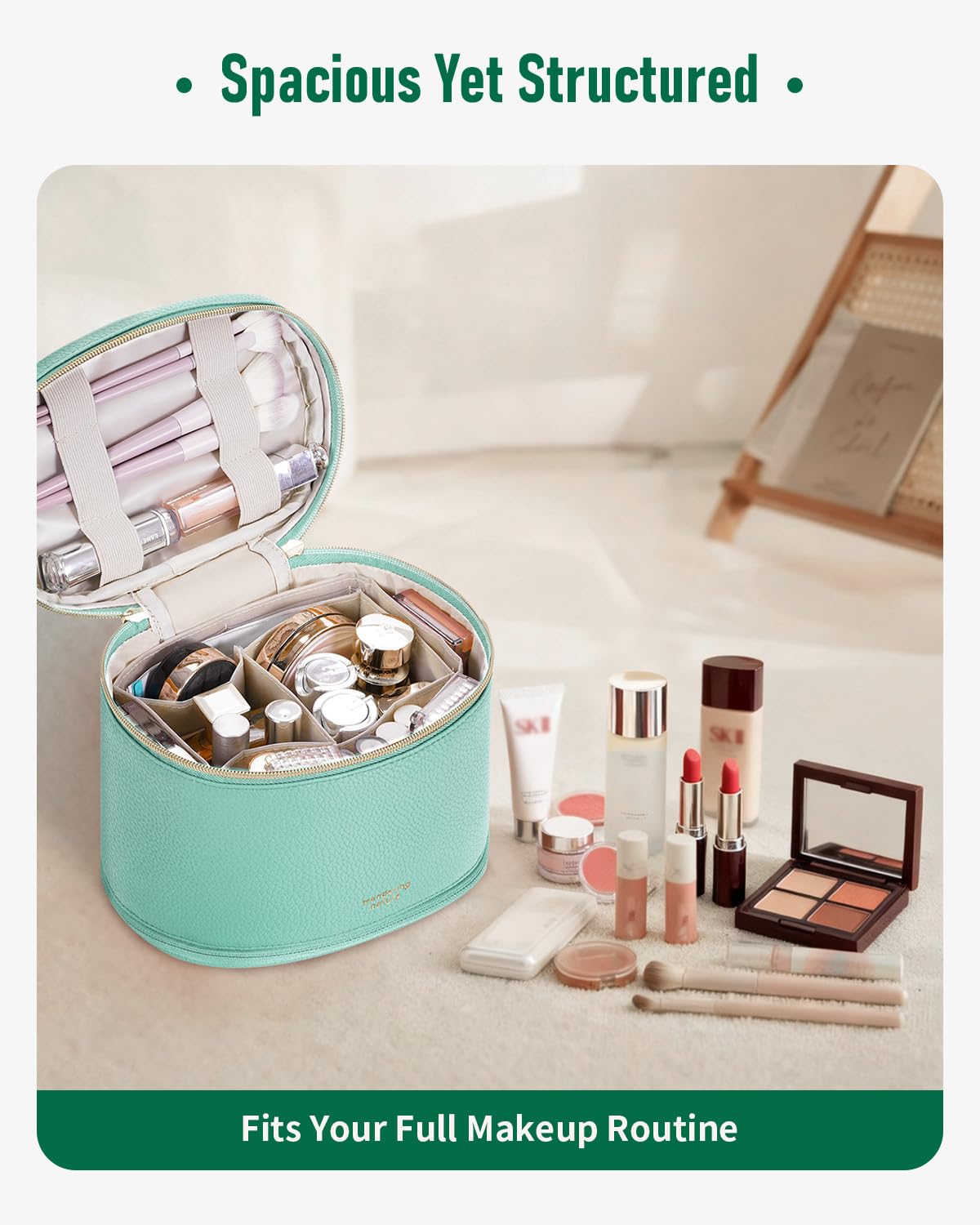 Wandering Nature Travel Makeup Bag for Women, Structured Vanity Case with Wipe-Clean EVA Interior & Removable Divider, Brush Loops, Fold-Flat PU Leather Makeup Case with Handle