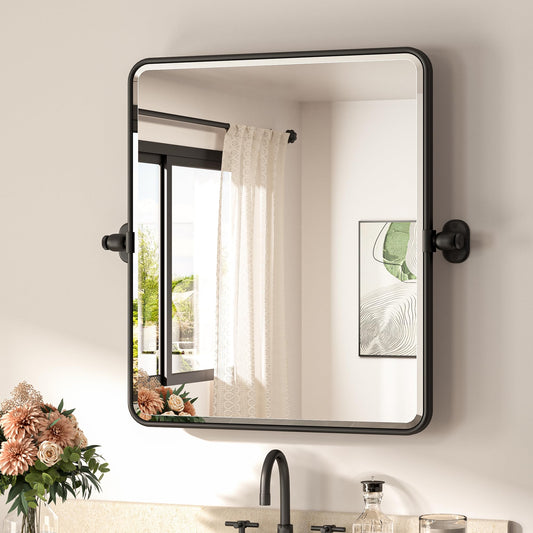 TETOTE Pivot Mirror for Bathroom 20 x 24 Black Pivoting Tilt Rectangle Beveled Mirror, Farmhouse Rounded Corner Metal Framed Bathroom Vanity Mirror for Wall, Horizontal/Vertical, Tempered Glass