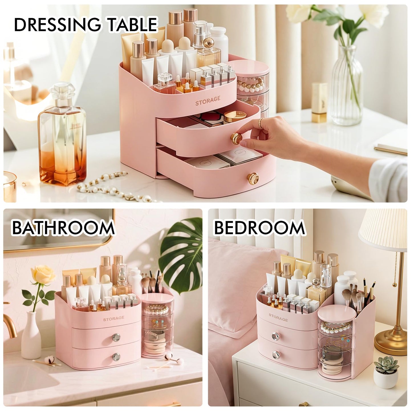 Makeup Organizer Countertop with Drawers, Make up Organizers for Vanity, Skincare Jewelry Earring Organizers, Cosmetic Display Cases Makeup Storage for Bedroom & Bathroom, Ideal Gifts for Women(Pink)