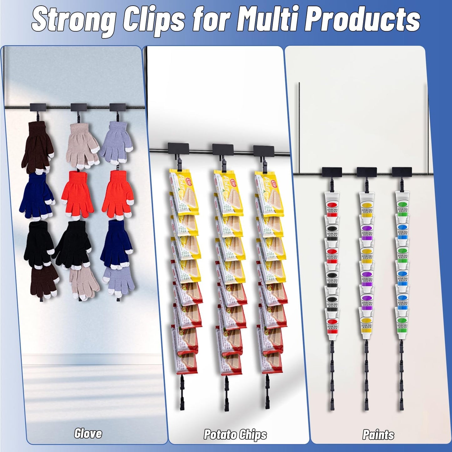 Oleitodh 12Pcs Merchandising Hanging Strips with Hooks, 31 Inch Chip Rack with Label Header and 144 Clips, Potato Chip Bag Holder for Party, Concession, Snack & Store Retail Display, Black