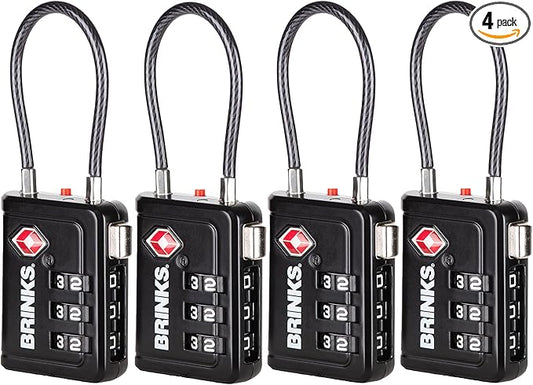 Brinks TSA Accepted Indicator Luggage Lock, Black - Resettable 3-Dial Combination, 1.5 inch Long Cable Shackle, New More Secure TSA008 Key, 4 Pack