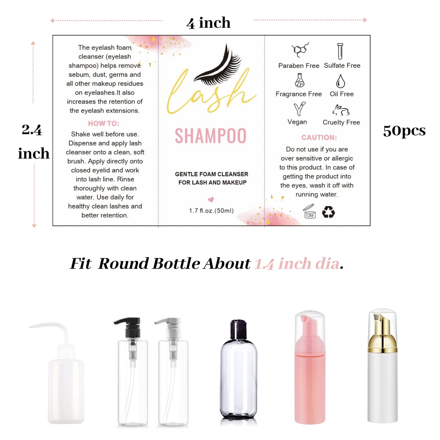 Lash Shampoo Label Stickers for Bottle 50pcs Eyelash Extensions Bath Wash Labels for Foam Pump Dispenser (4 * 2.4 ”, White)