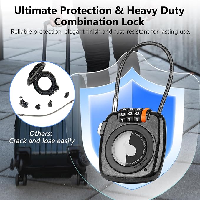 Compatible with Apple AirTag Secure Lock with Wire Cable, 3-Digit Combination Luggage Locks, Alloy Body Ultra Durable Anti-Lost Protective Case for Luggage, Suitcase (Black/Grey)
