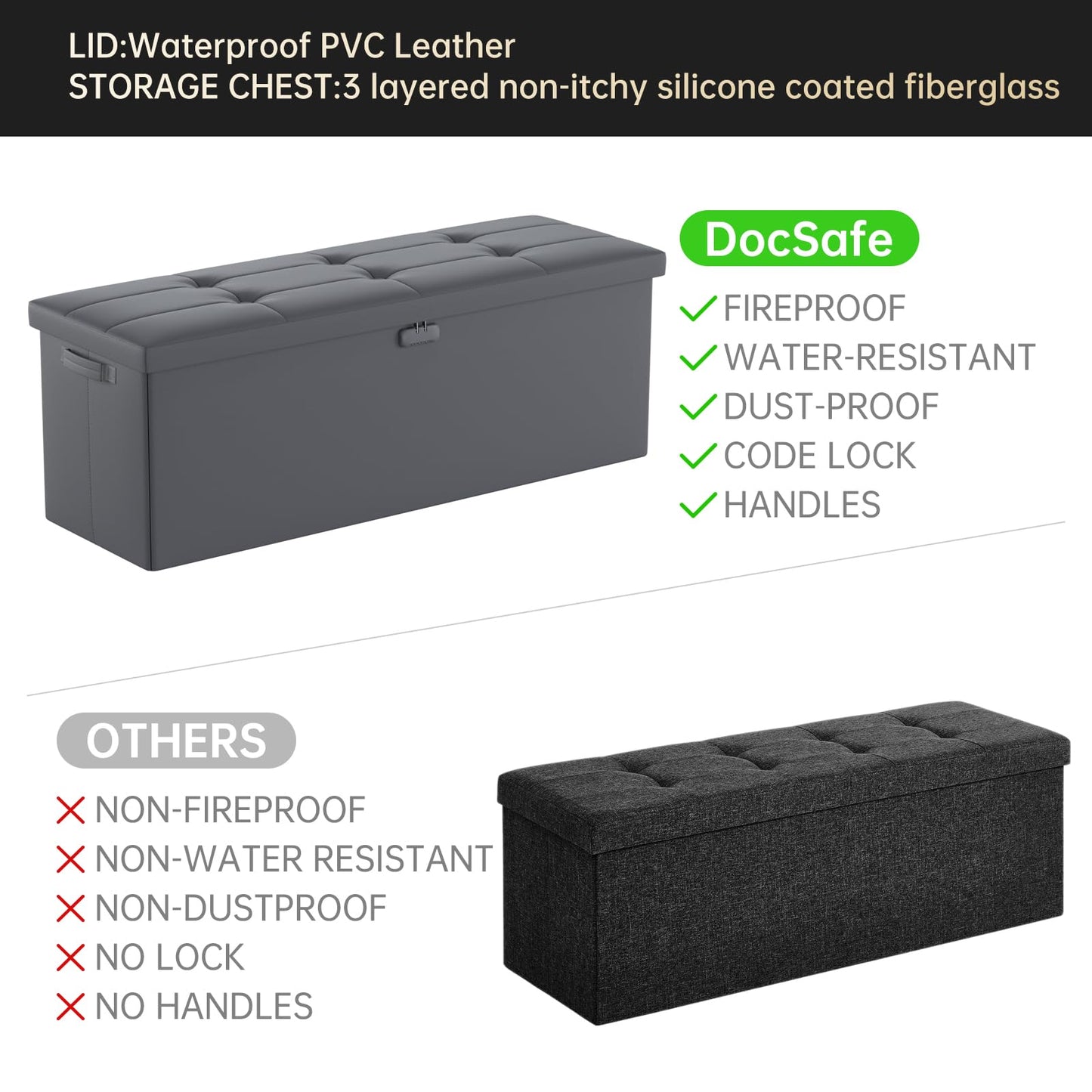 DocSafe Storage Ottoman Bench, Fireproof＆Waterproof Folding Bench with Lock(15”x 43”x15”), Leather Storage Chest with Handles＆2 Extra Boxes, Ottoman Safe for Bedroom,Living Room,Home Office, Gray