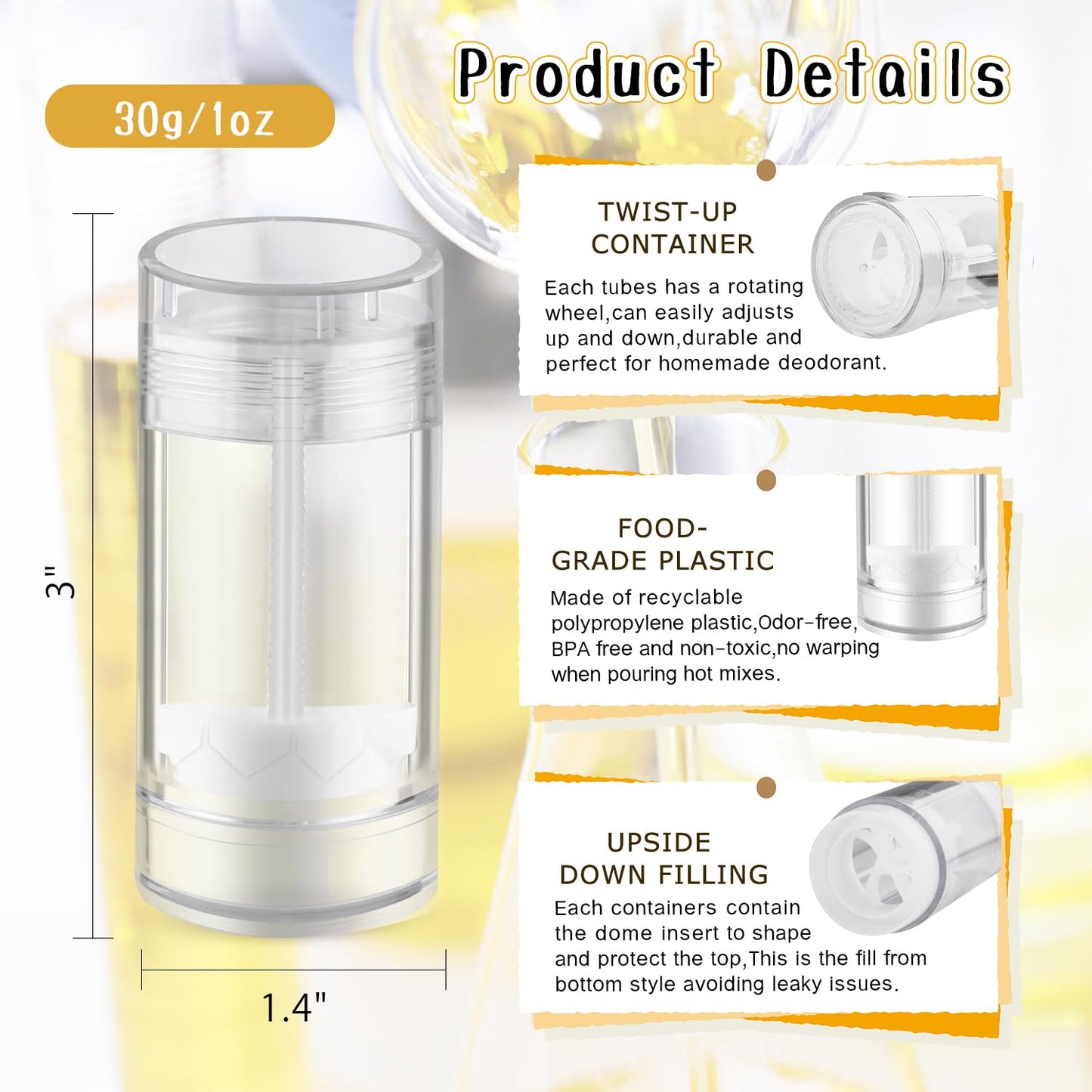 DMuuuDM 15 Pack 1 oz/30ml Plastic Travel Size Deodorant Container,Empty Round Twist-Up Stick Tube for Homemade Deodorant,Solid Lotion Bars,Body Balm,Soap Sticks,Sunscreen-UPSIDE DOWN FILLING (Clear)