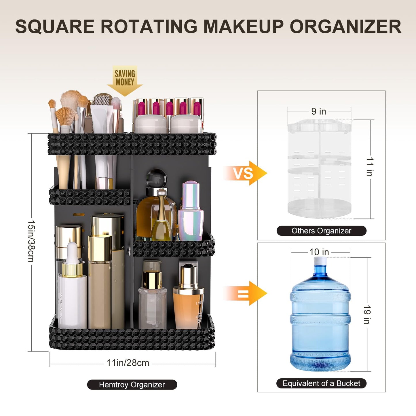 HEMTROY Rotating Makeup Organizer with Makeup Brush Holder,Large Capacity Perfume Organizer for Vanity Countertop,Acrylic Skincare Organizers Spinning Holder Storage Rack (Black)