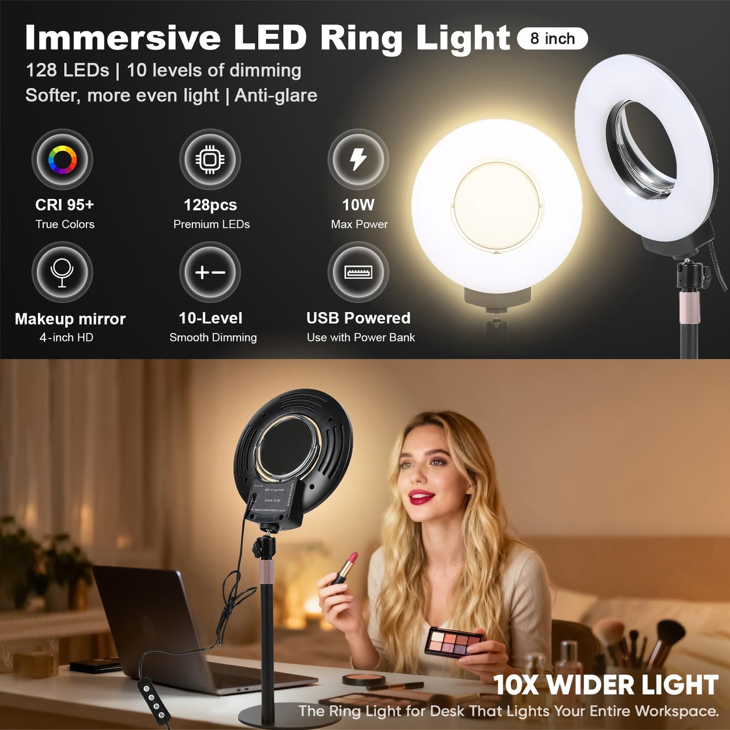 Noveralux Desk Ring Light with Mirror & Stand, 4" HD Makeup Mirror 360° Rotatable,10W Dimmable LED Desk Lamp with Phone Holder & Stand,for Live Streaming,Makeup,Video,Zoom Call,Vlogging,TikTok