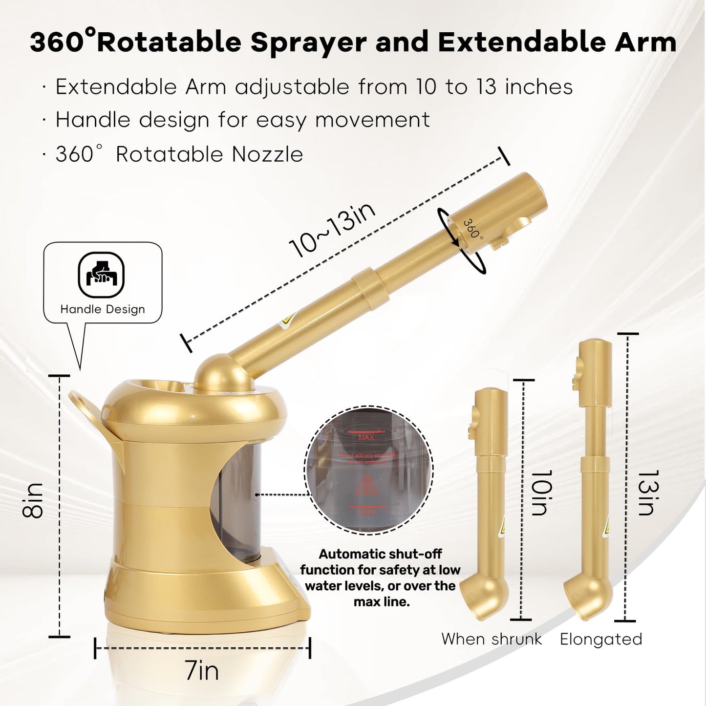 Facial Steamer, Nano Ionic Face Steamer with Extendable Arm for Deep Cleaning and Hydration, 360°Rotating Nozzle Face Humidifier, Portable Ozone Steamer for Beauty, Spa and Home Use（Golden）