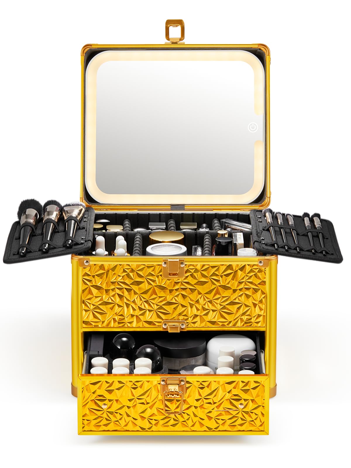 Qislee Makeup Box with Drawer and A Detachable Lighted Mirror, Waterproof Travel Train Case, Cosmetic Organizer and Makeup Suitcase with Adjustable Dividers, Magnetic LED Mirror (Luxury Gold)