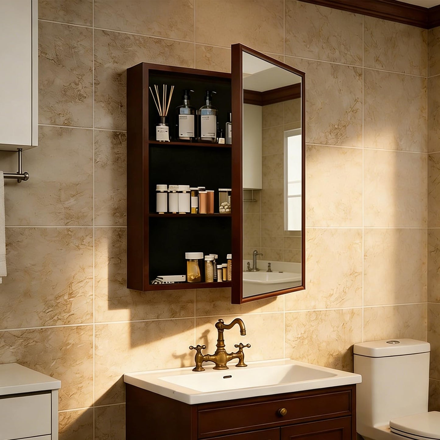 Tacomany Wood Framed Medicine Cabinet Organizer with Mirror, Surface Mounting or in-wall Installation (Brown, 18x24)
