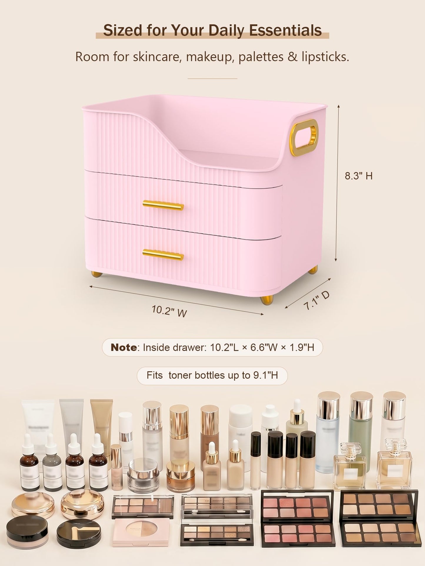 Booklov Countertop Makeup Organizer with Drawers, 3 Tier Large Cosmetic Storage Caddy for Vanity, Bathroom Counter, Dresser, Skincare Display Case for Lipsticks, Beauty Palettes, Teen Girl Gifts, Pink