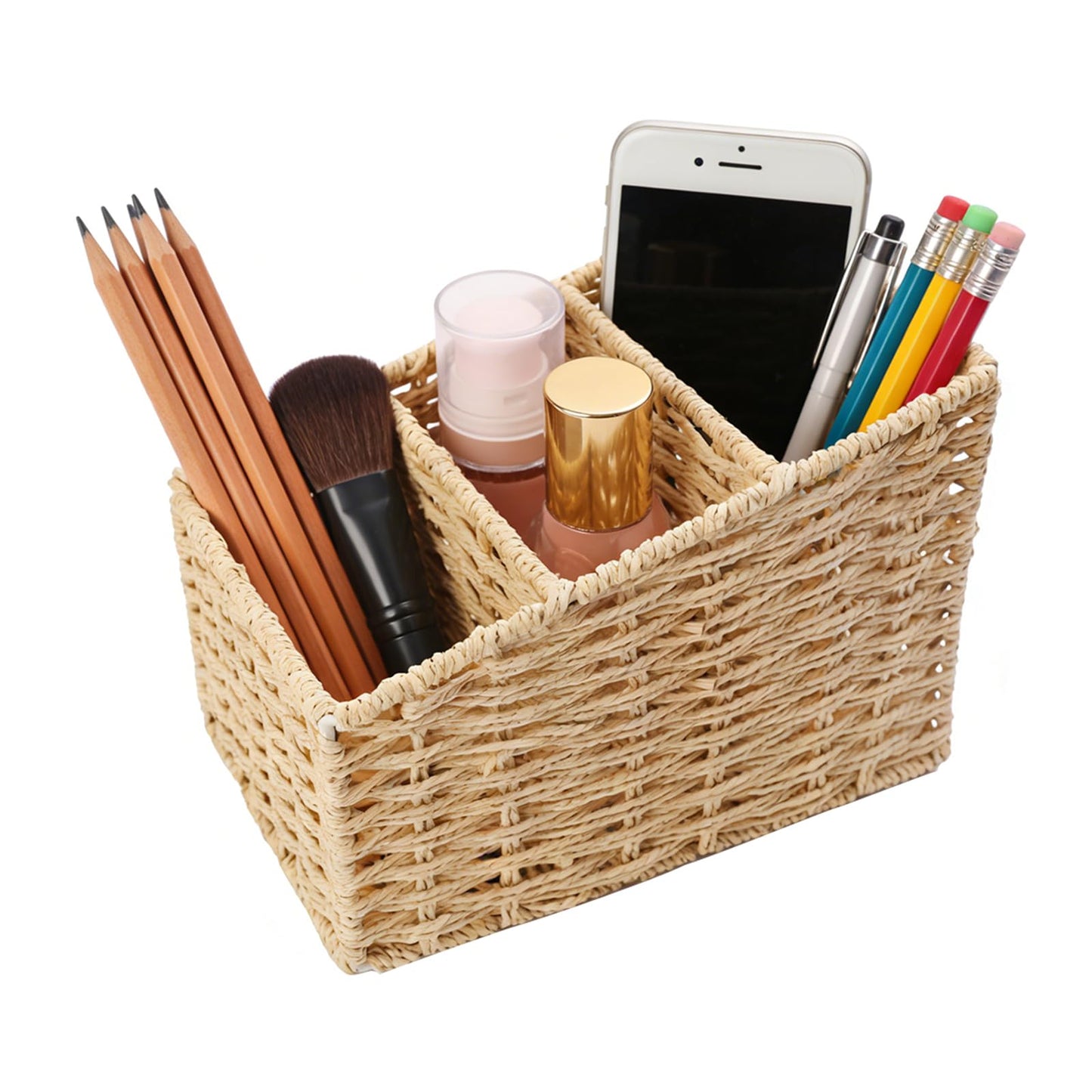 NULANCITIDE 3 Slots Table Desk Organizer Caddy, Rustic Farmhouse Remote Control Holder Makeup Brush Holder for Living Room, Vanity, Office, Bedroom Shelf (8.2x3.9x5.3in)