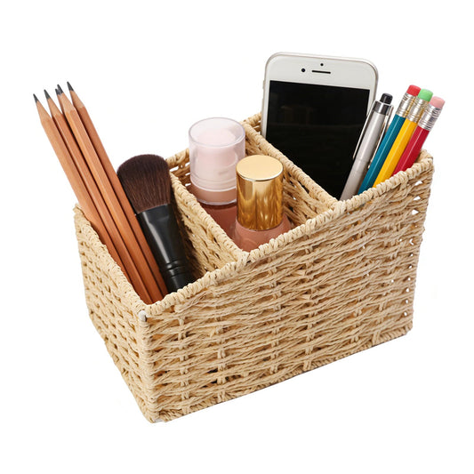 NULANCITIDE 3 Slots Table Desk Organizer Caddy, Rustic Farmhouse Remote Control Holder Makeup Brush Holder for Living Room, Vanity, Office, Bedroom Shelf (8.2x3.9x5.3in)