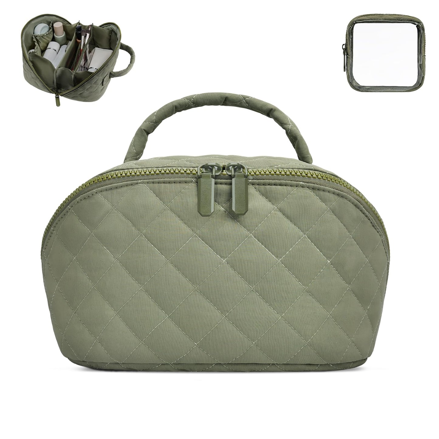 Makeup Bag,Quilted Puffer Cosmetic Bag for Women, 180° Lay-Flat Travel Make up Bag, Waterproof Large Capacity Toiletry Bag with Sturdy Zippers, Portable Makeup Organizer for Travel & Daily Use