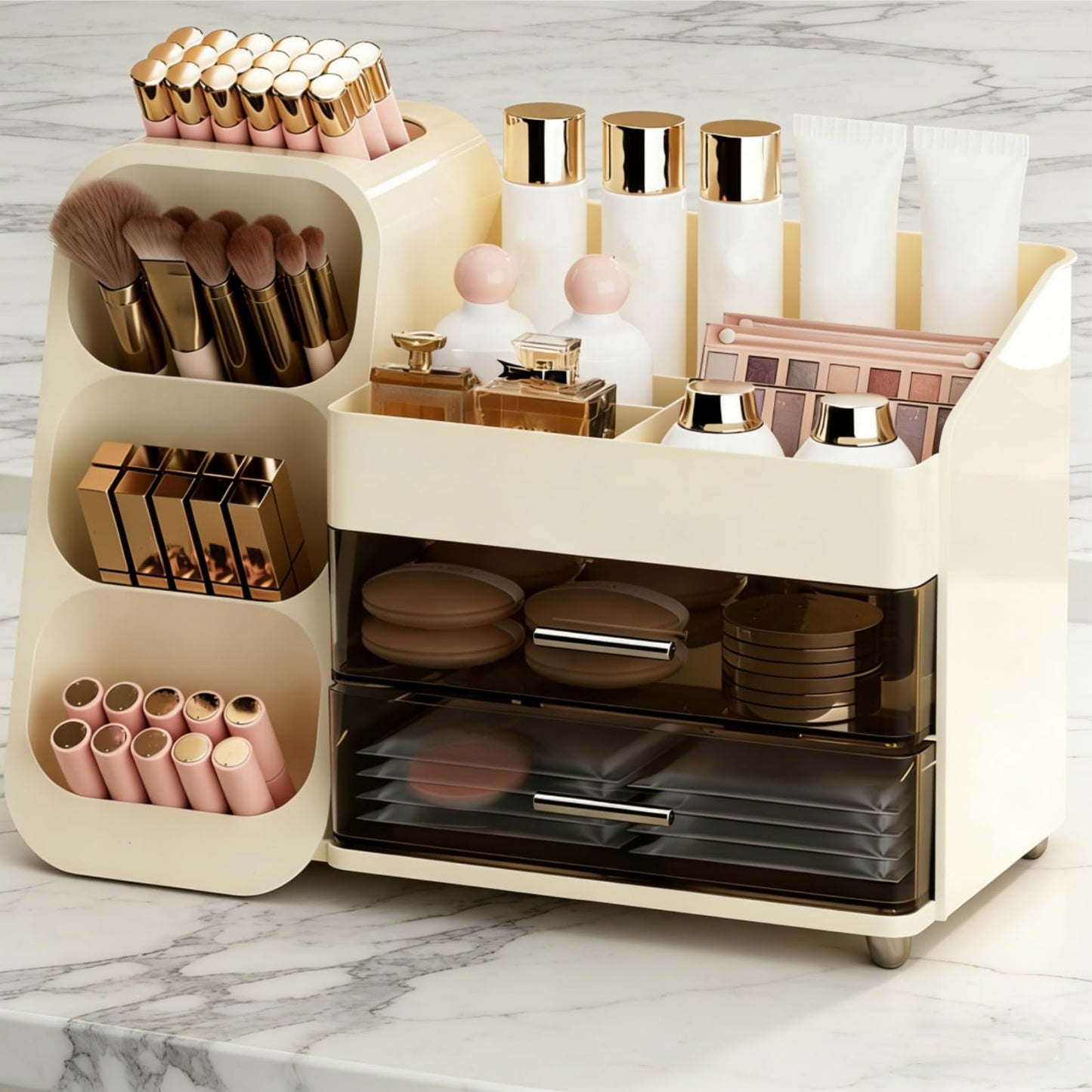 Covzoe Large Makeup Organizer with Brush Holder, Spacious Cosmetics Display Case with Drawers for Vanity, Skin Care Storage Solution for Lipstick Beauty Essential Bathroom Countertop
