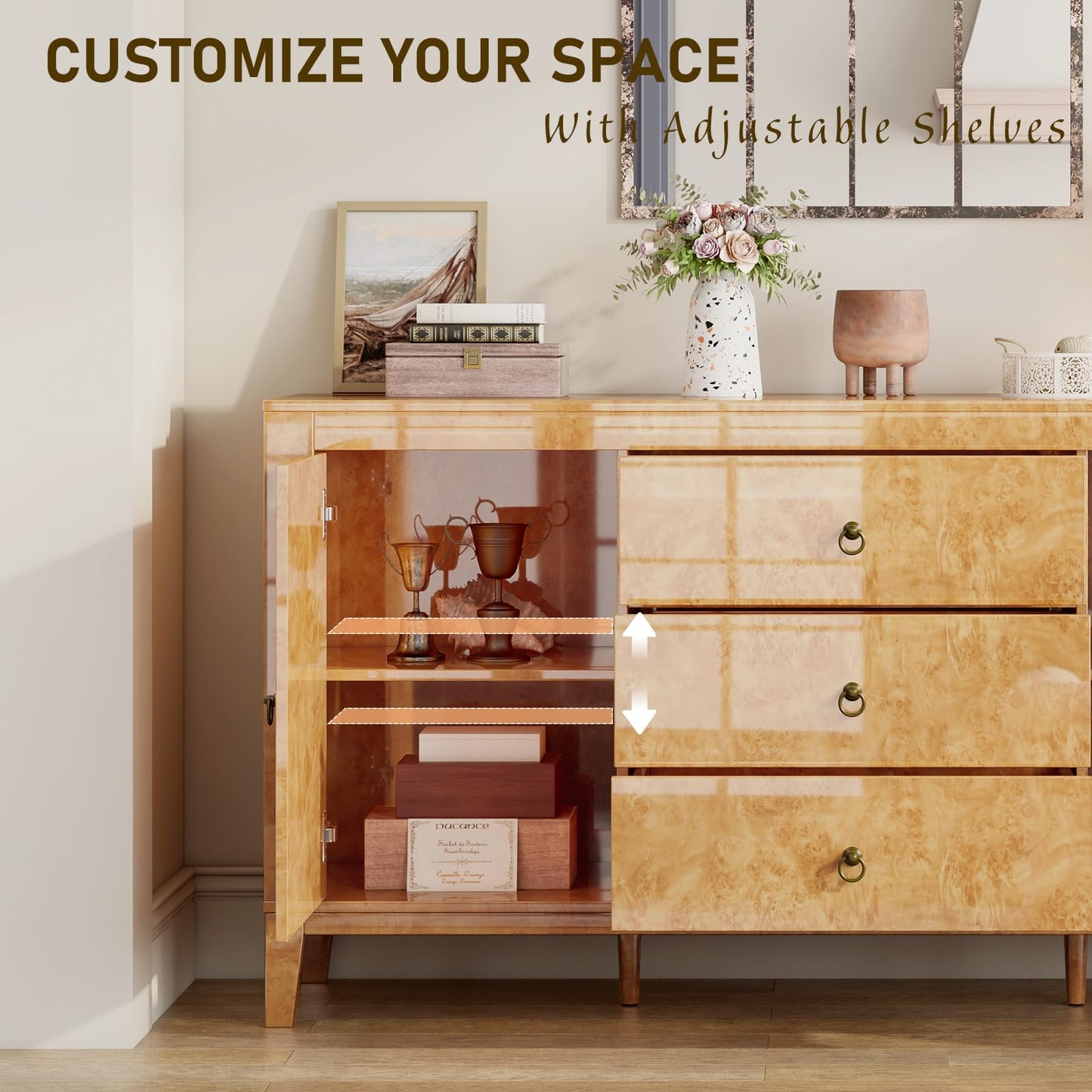 LUXOAK High Gloss Sideboard Buffet Burl Wood 60'' Cabinet Buffet Table with 3 Drawers & 2 Closed Storages, Mid-Century Modern Sideboard for Dining Living Room, Blond Burl