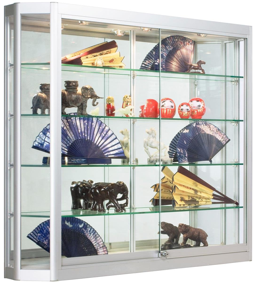 Displays2go Wall Mounted Glass Retail Cabinet with Lighting, Aluminum, 4 Shelves, Tempered Glass – Silver (WC478LEDS)